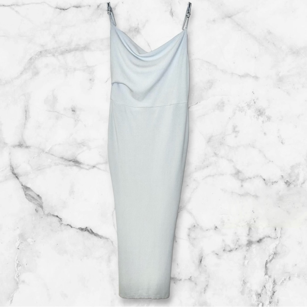 Selfie Leslie Frieda Ribbed Cowl Neck Side Slit Midi Dress Sky Blue M - Picture 3 of 11